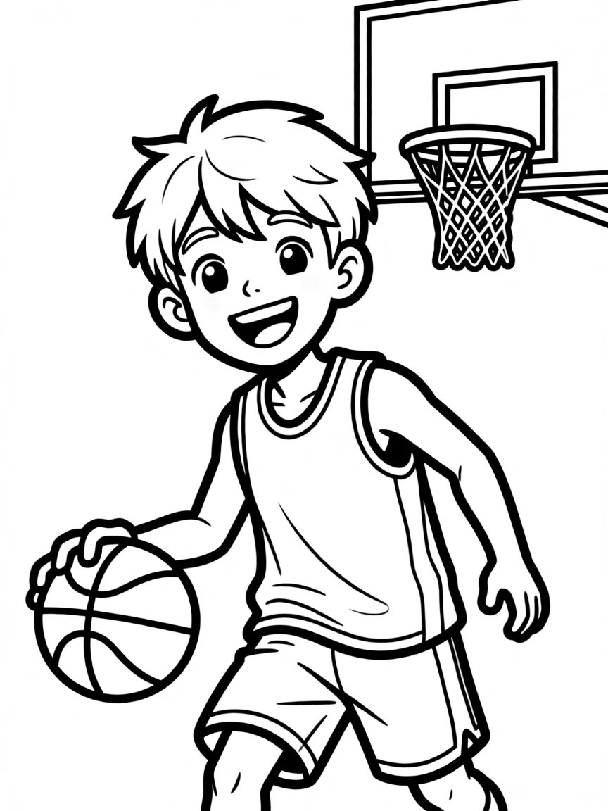A friendly basketball player dribbling the ball, with a hoop in the background and a big smile.