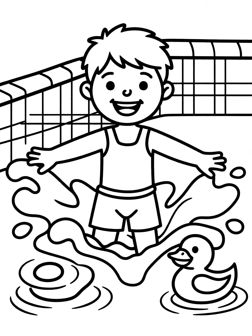 A cheerful swimmer in a swimming pool, with water splashes and a rubber ducky floating.