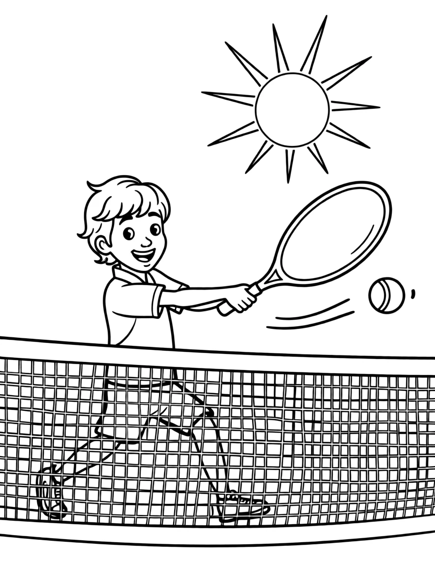 A joyful tennis player hitting a tennis ball over a net, with a sun shining.