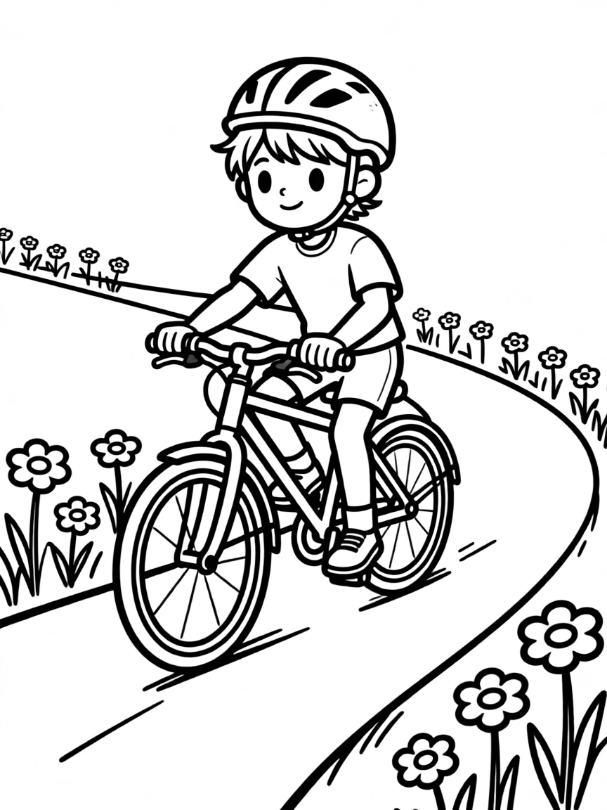 A skillful cyclist riding a bike, with a winding road and flowers.
