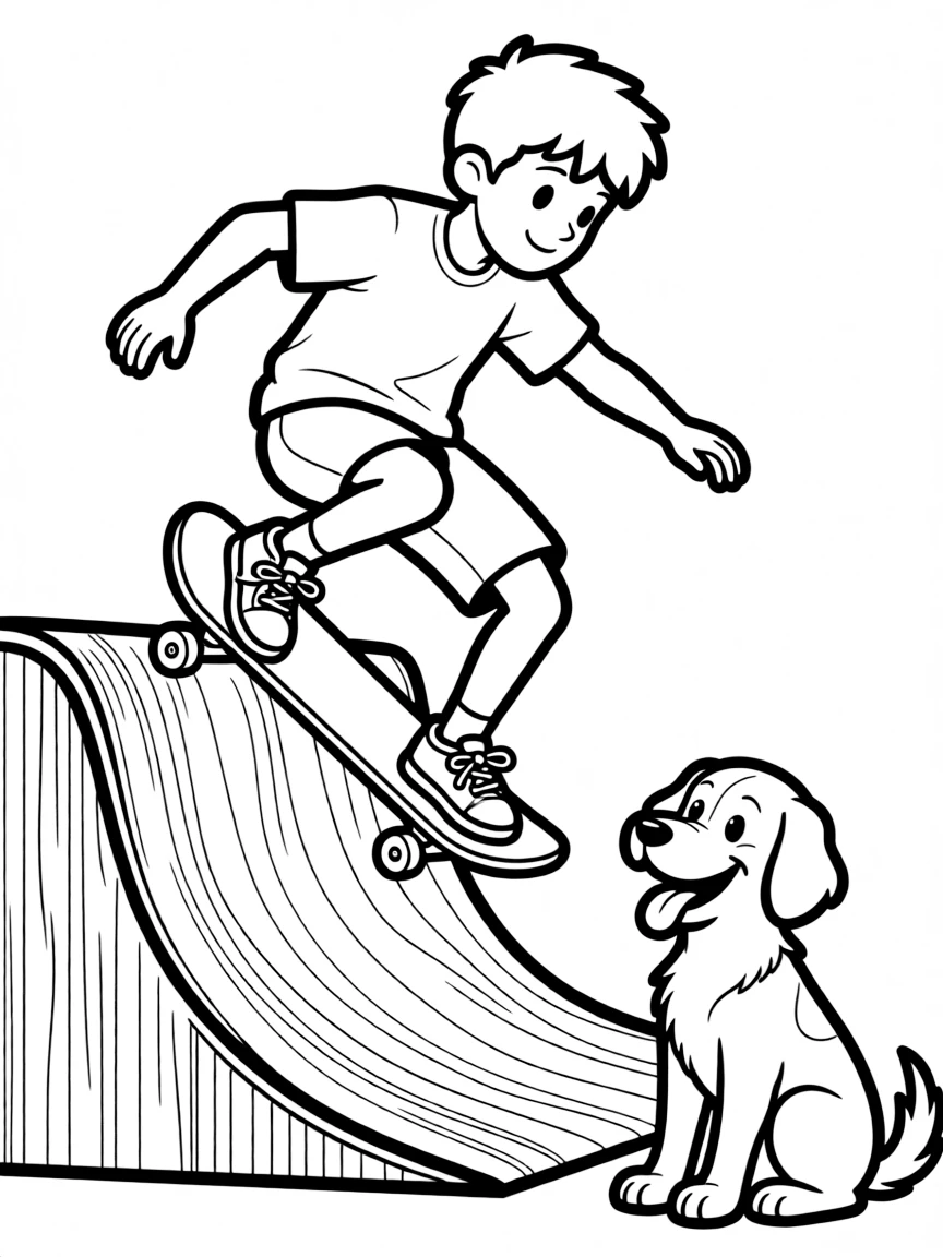 A cool skateboarder doing a trick, with a ramp and a happy dog watching.