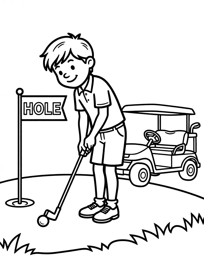 A happy golfer putting a ball into a hole, with a flag and a golf cart.