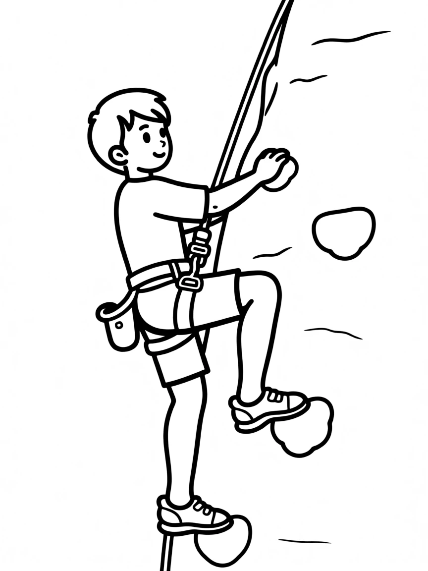 A daring rock climber scaling a small wall, with a rope and a harness.