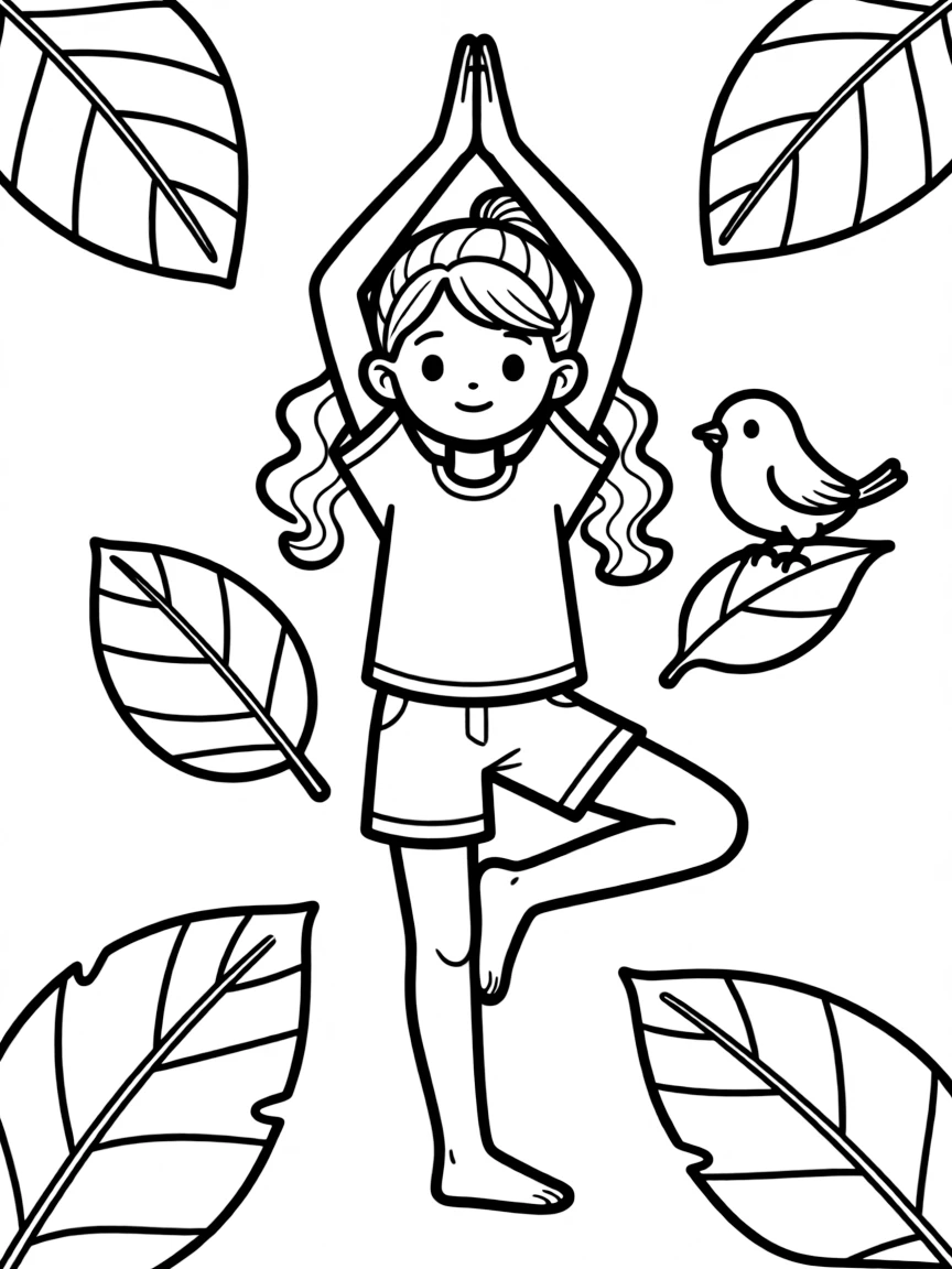 A peaceful yoga kid in a tree pose, with leaves and a bird.