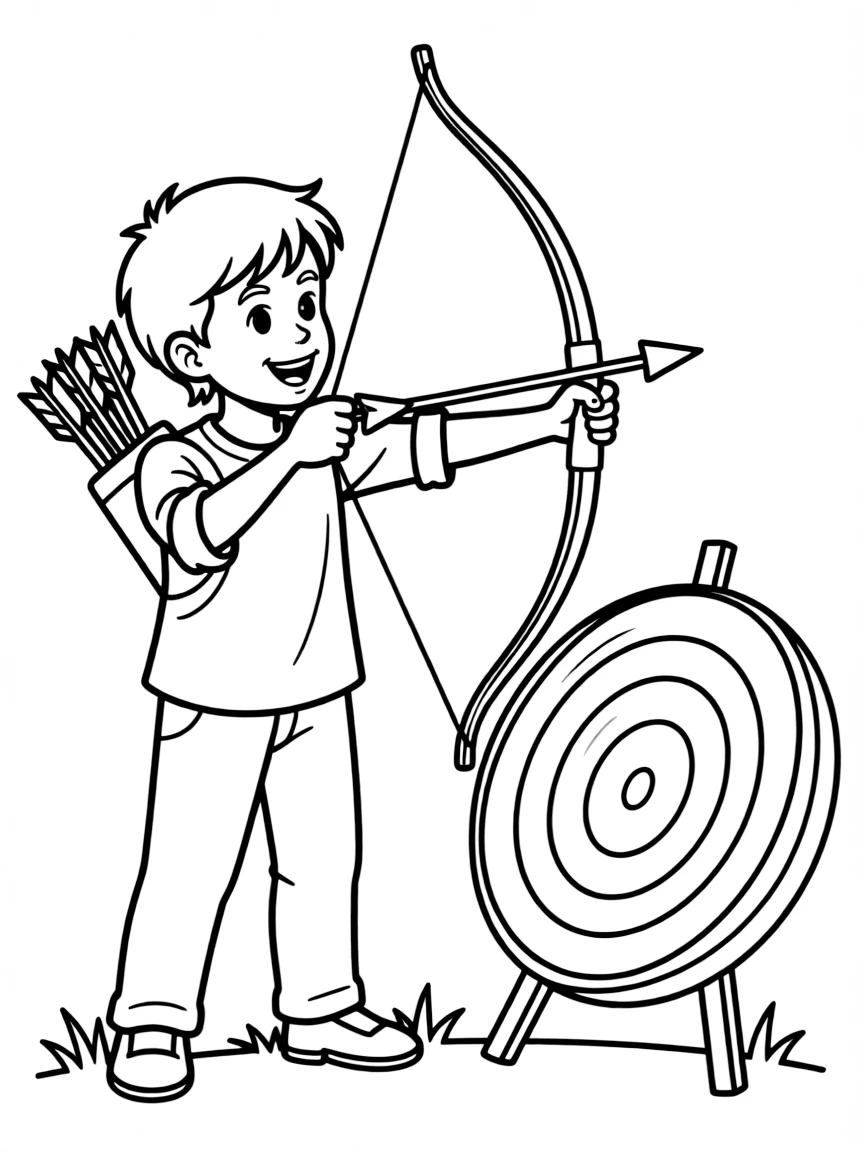 A happy archer aiming an arrow at a target, with a bow and quiver.