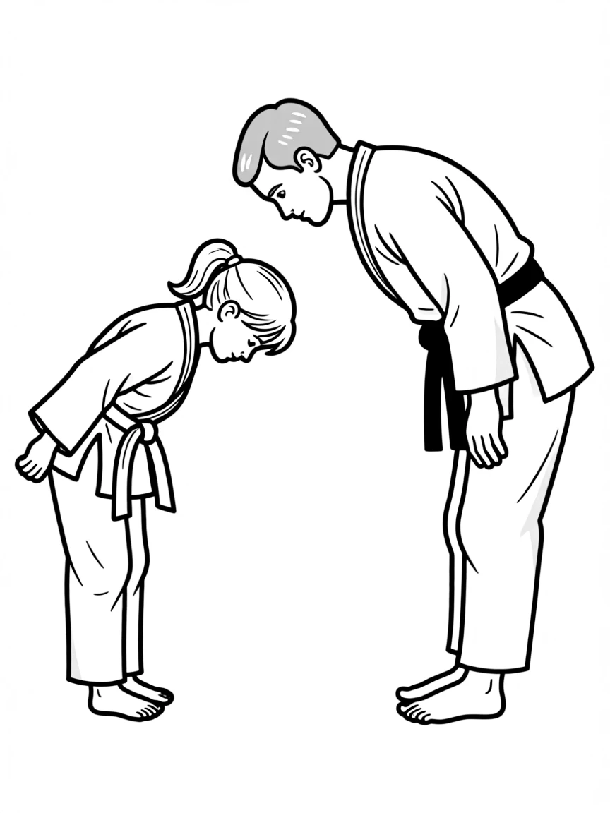 A strong judo kid in a uniform, bowing with a sensei.