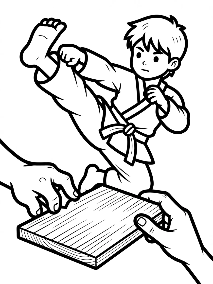A karate kid doing a high kick, with a belt and a breaking board.