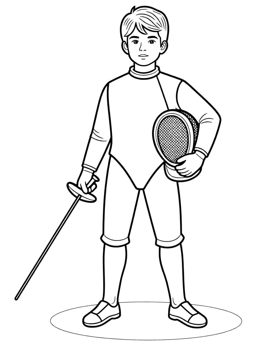 A fencing champion with a foil and mask, standing ready.