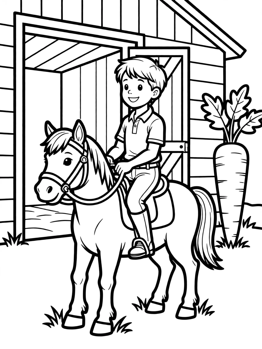 A cheerful equestrian riding a pony, with a stable and a carrot.