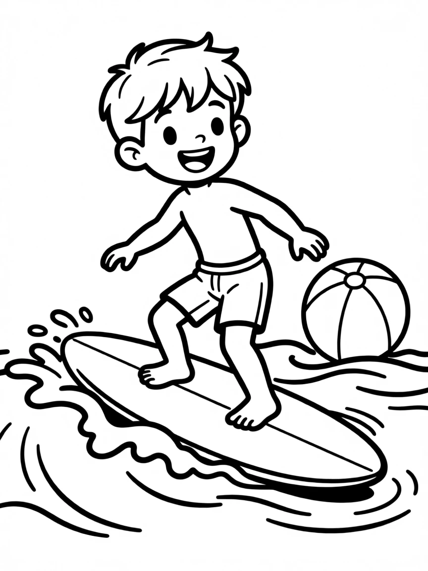 A happy surfer riding a small wave, with a surfboard and a beach ball.