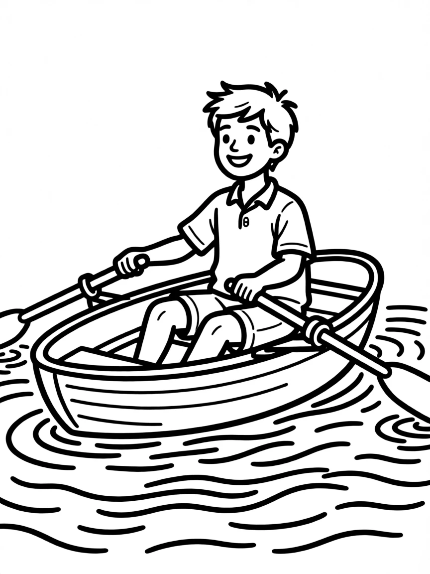 A friendly rower in a rowboat, with oars and calm water.