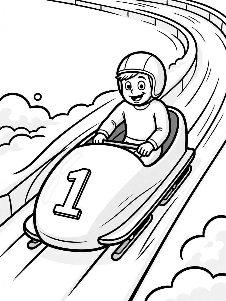 A silly bobsledder in a bobsled, zooming down a snowy track.