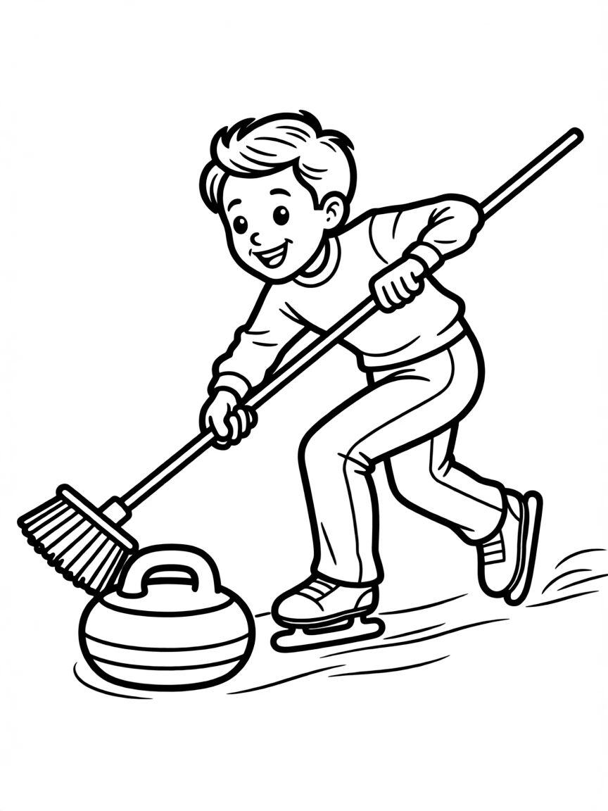 A happy curler sliding a stone, with a broom and ice.