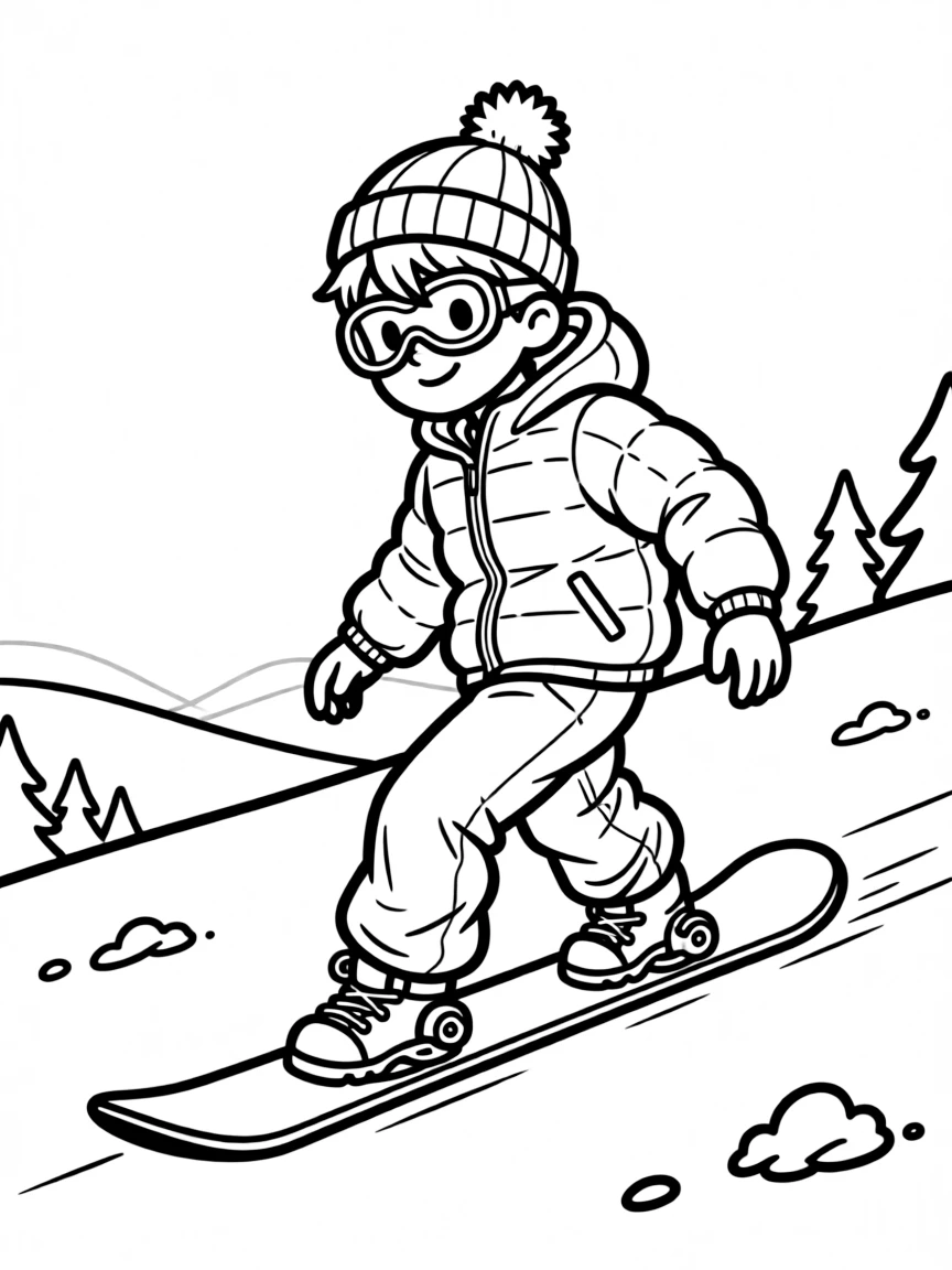 A cool snowboarder going down a gentle slope, with a hat and goggles.