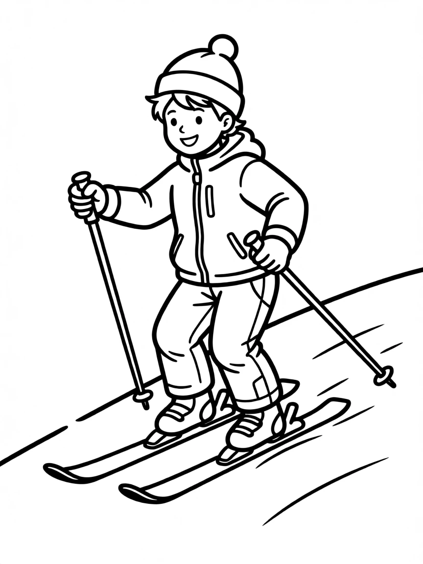 A happy skier gliding down a small hill, with skis and poles.