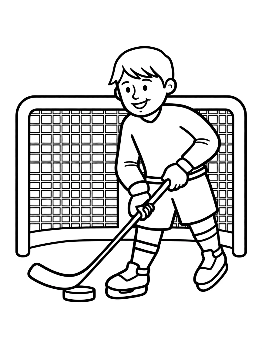 A joyful hockey player hitting a puck, with a stick and a net.