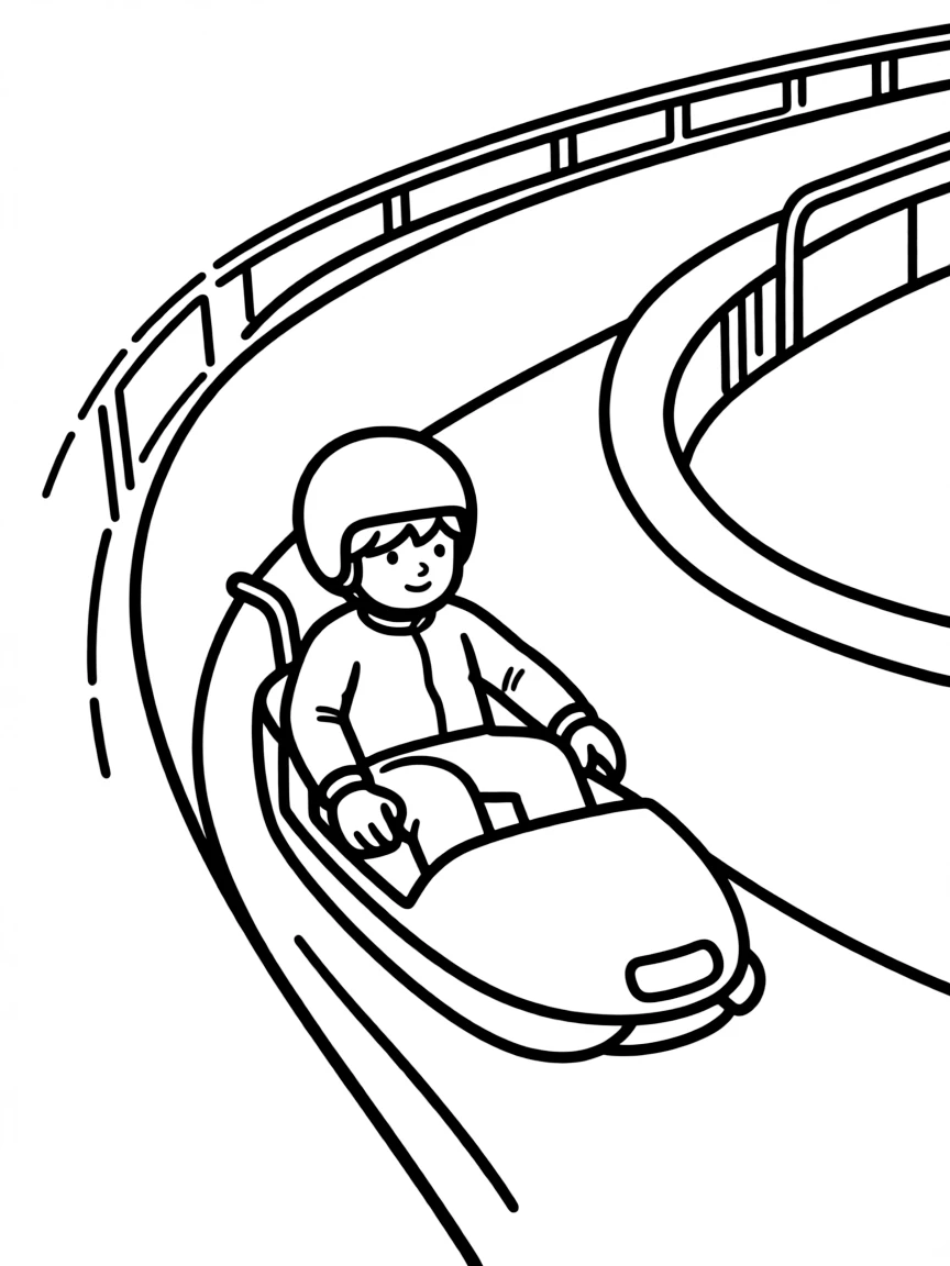 A little luge racer on a luge, zooming on a track.