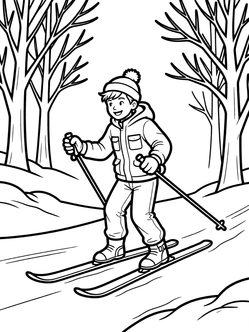 A happy cross-country skier gliding through snow, with trees.