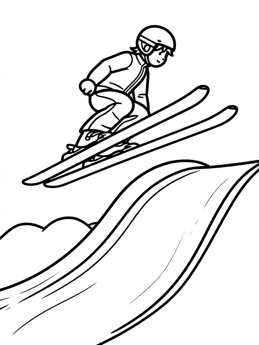 A little ski jumper flying through the air, with a big ramp.