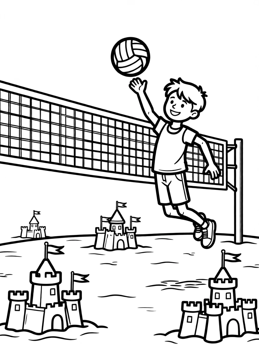 A friendly beach volleyball player jumping to spike the ball, with a net and sandcastles.