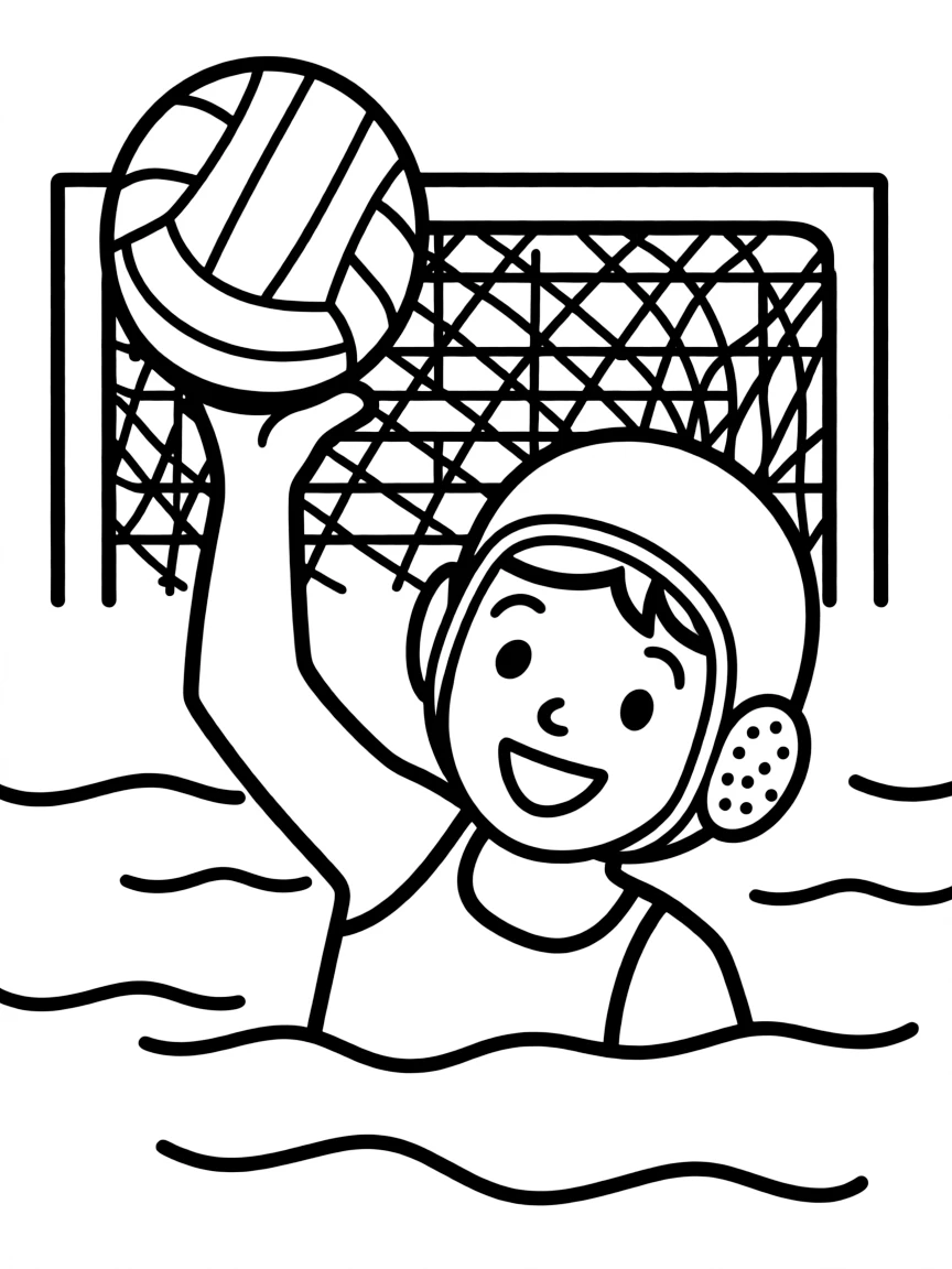 A happy water polo player swimming with the ball, with a goal.