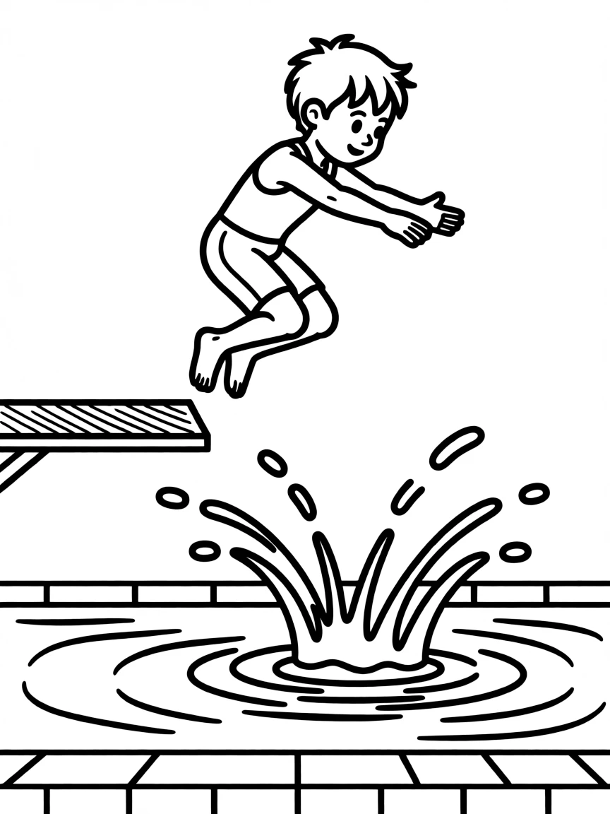 A little diver jumping off a diving board, with splashes.