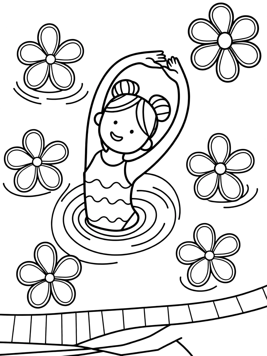 A cute synchronized swimmer making a pretty shape in the water, with flowers.