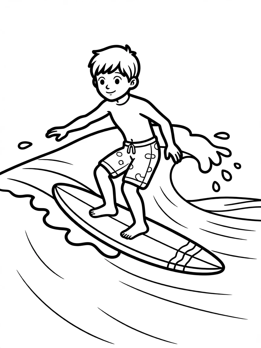 A happy surfer catching a gentle wave, with a colorful surfboard.