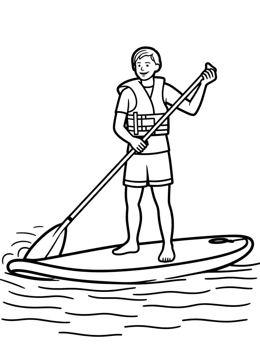A friendly paddleboarder standing on a paddleboard, with a paddle.