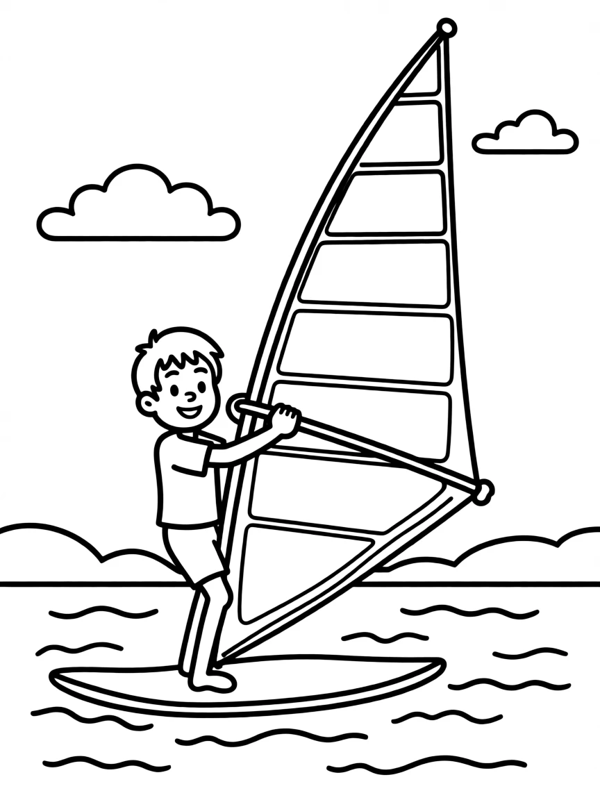 A cheerful windsurfer holding a sail, gliding on water.