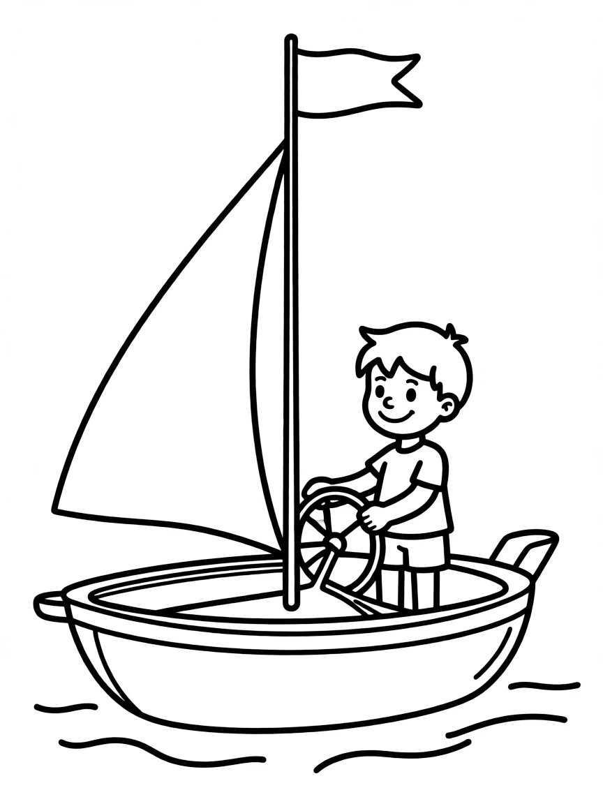 A happy sailor steering a small sailboat, with a mast and flag.