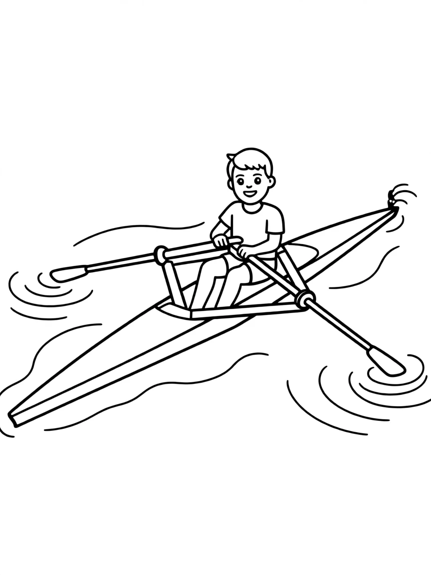 A cute rower in a sculling boat, with oars and ripples.