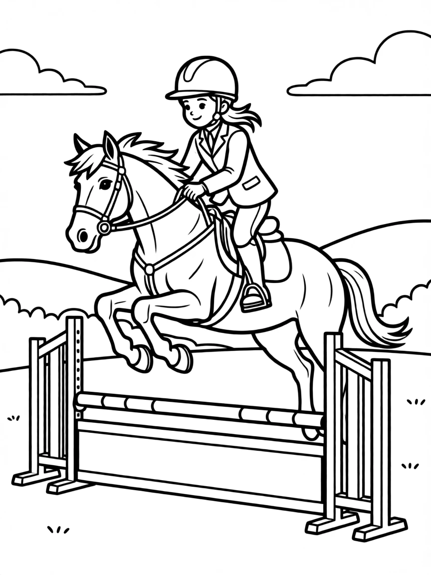 A little equestrian show jumper with a horse clearing a small hurdle.