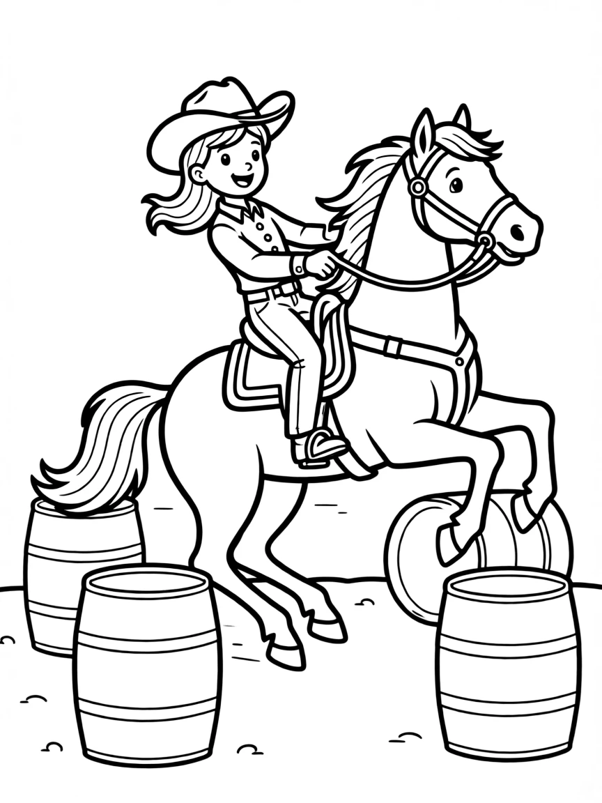 A friendly barrel racer with a horse galloping around barrels.