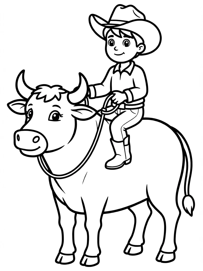 A cute bull rider (cartoon, gentle) on a very docile bull.