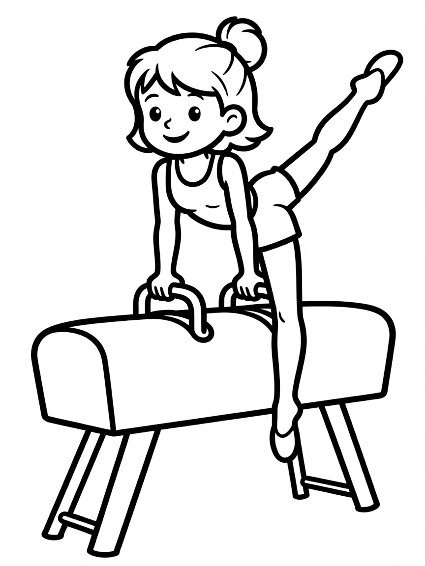 A friendly artistic gymnast on the pommel horse, balancing.