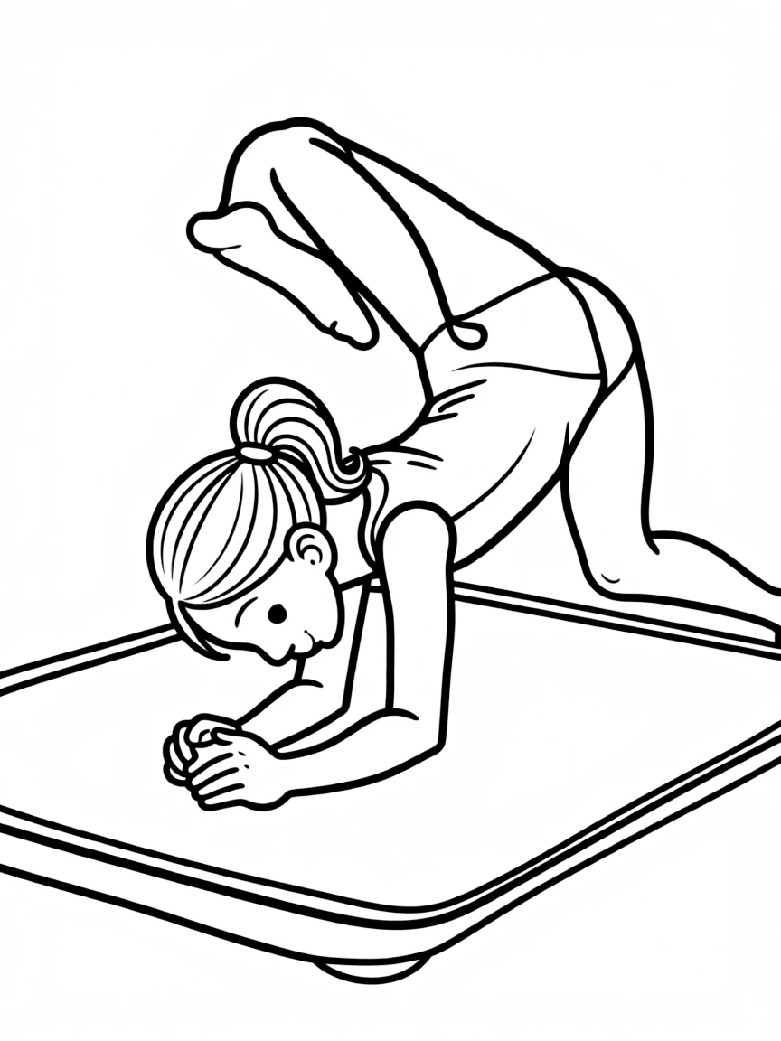 A happy artistic gymnast on the floor exercise, doing a roll.