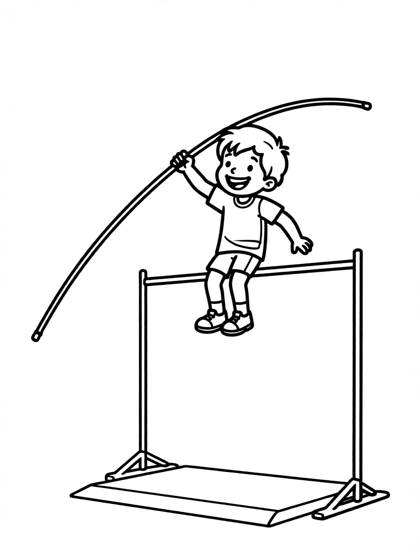 A happy pole vaulter going over a low bar with a pole.
