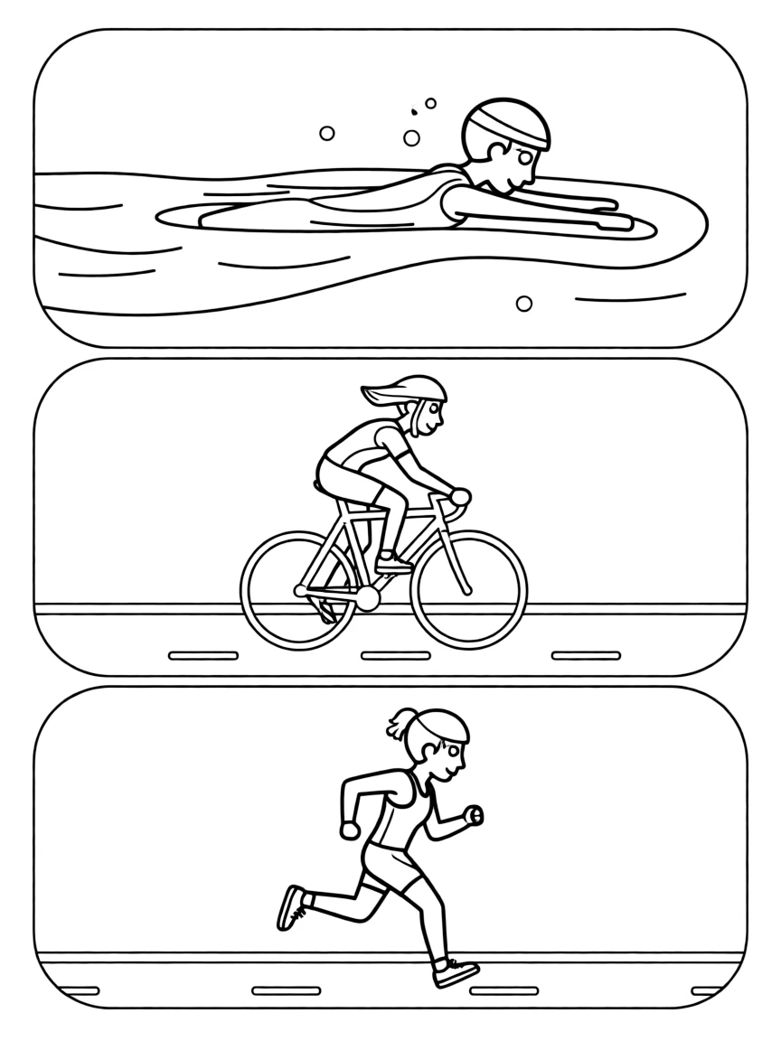 A cute triathlete swimming, biking, and running (in three small scenes).