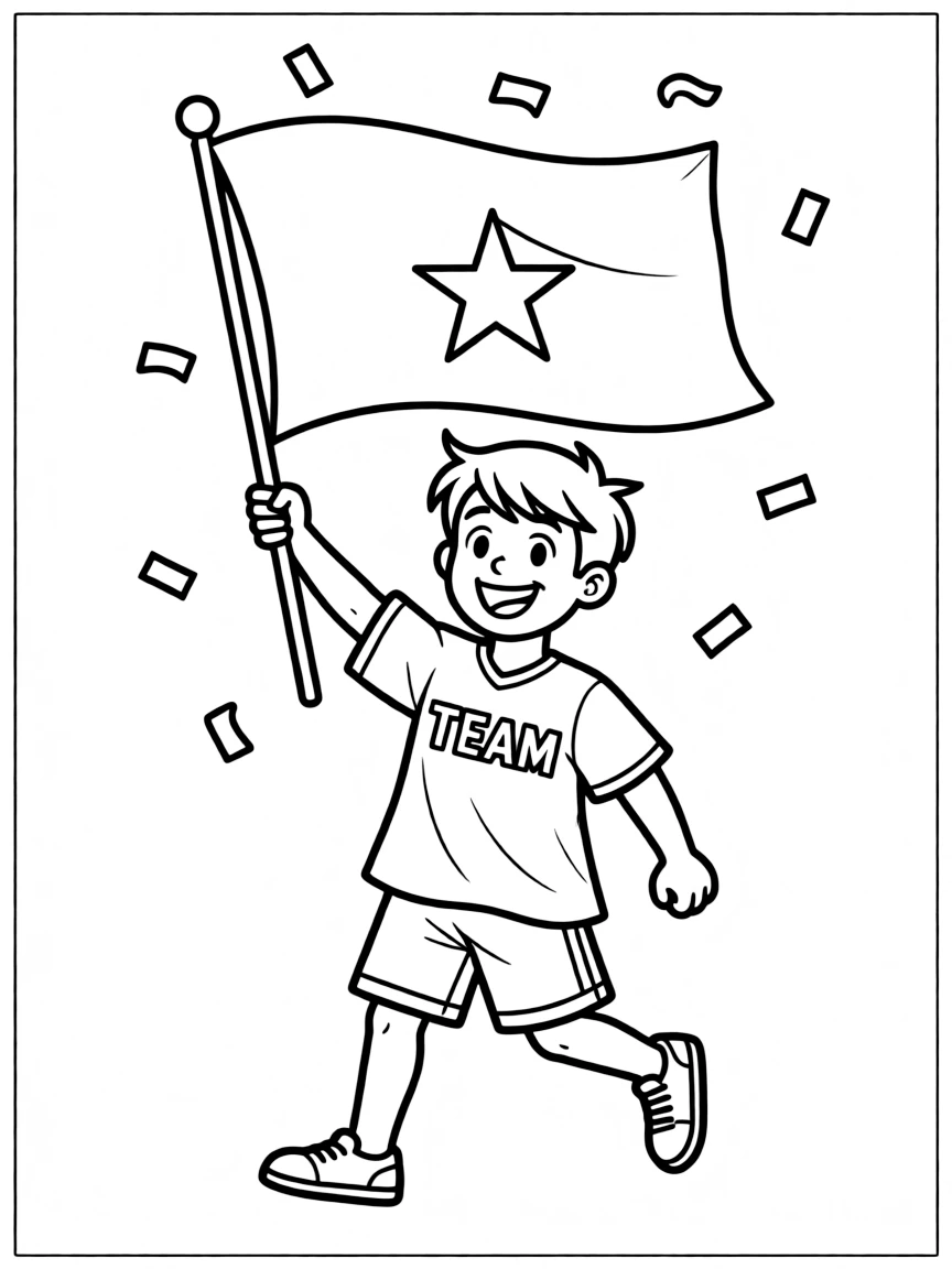 A happy sports fan waving a flag, wearing a team jersey.