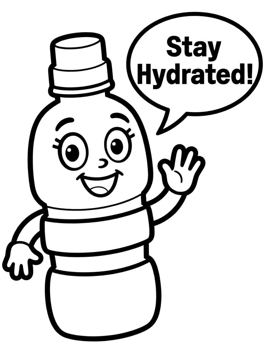 A friendly water bottle with a happy face, staying hydrated.