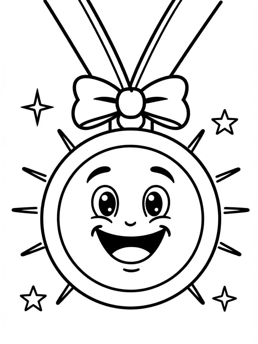 A friendly medal with a happy face, shining brightly.