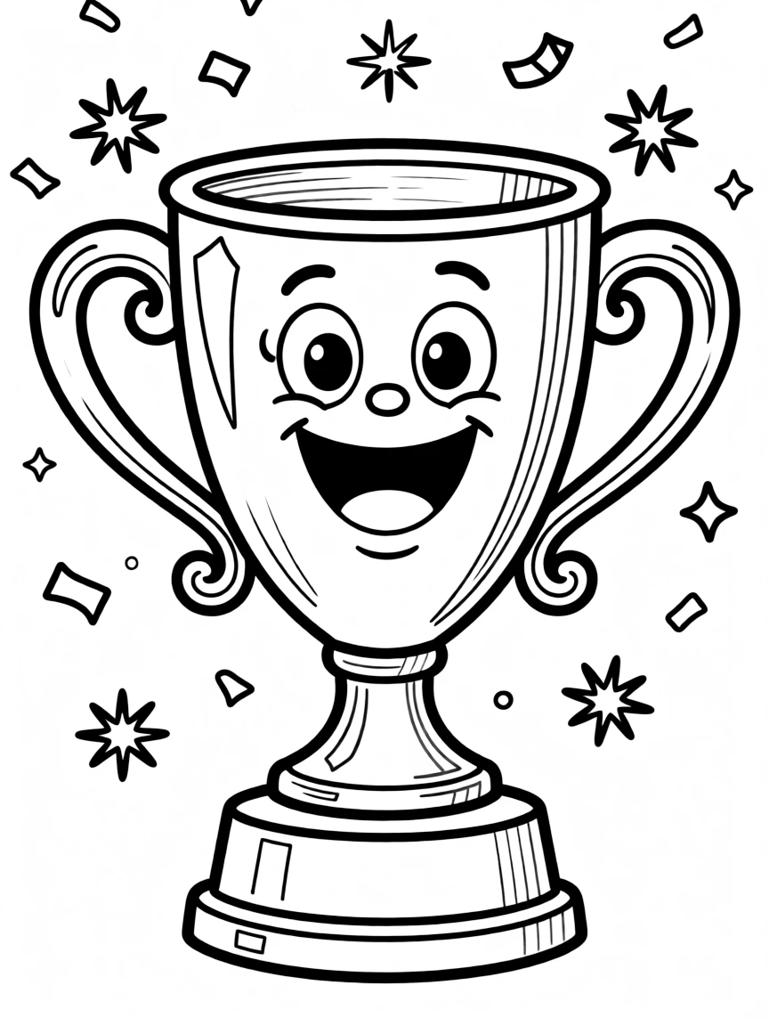 A happy trophy with a happy face, celebrating victory.