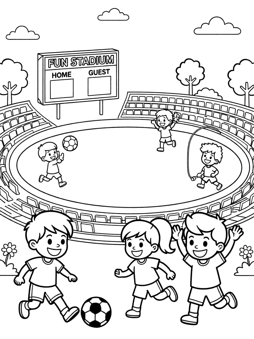 A cheerful stadium with happy little people playing.