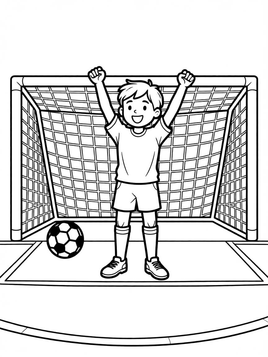 A happy little soccer player scoring a goal, arms up in victory.