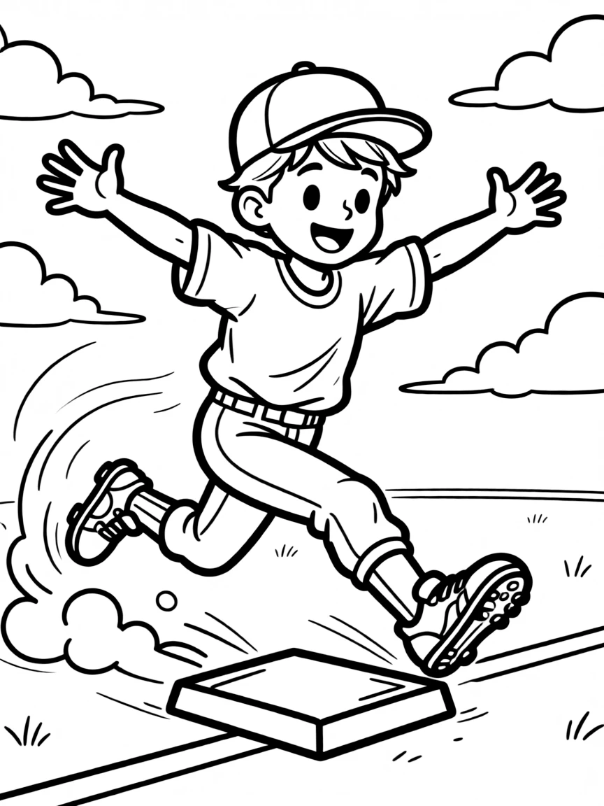 A cute baseball player sliding into home plate, dust flying playfully.
