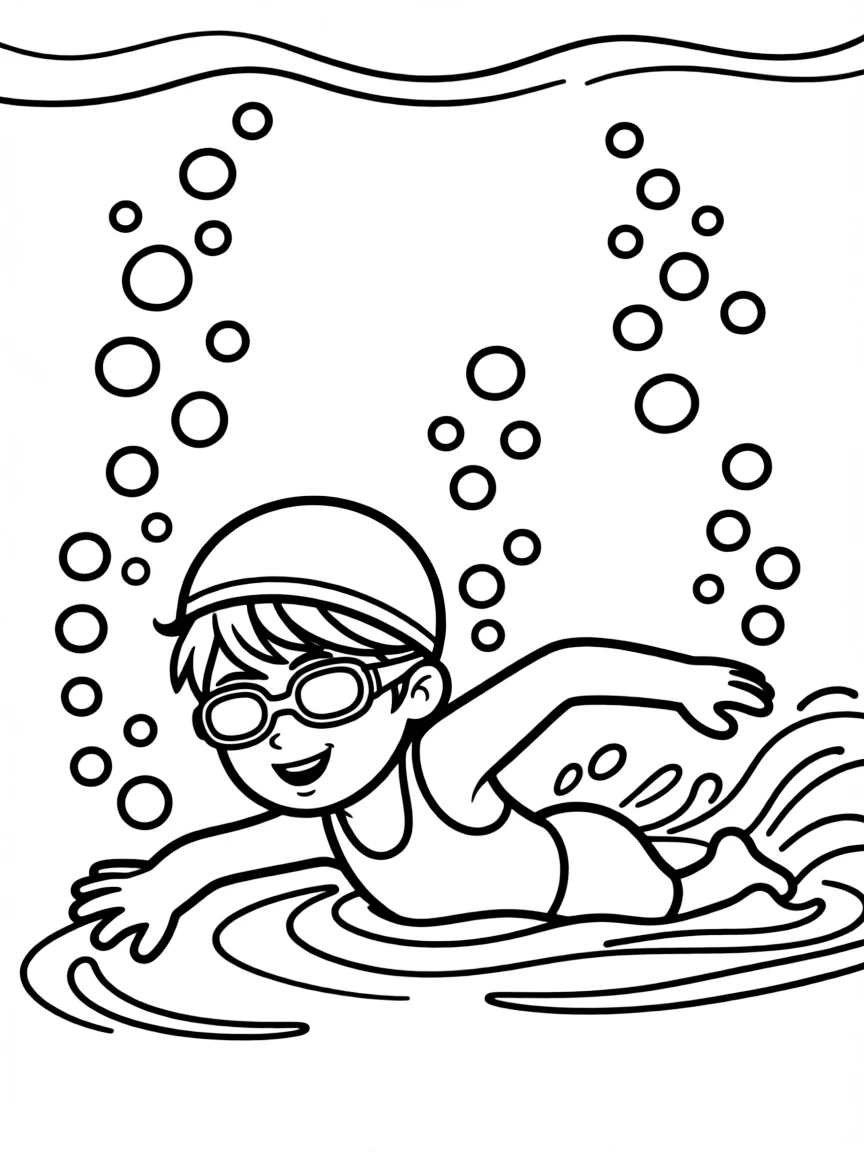 A little swimmer doing a happy freestyle stroke, bubbles all around.
