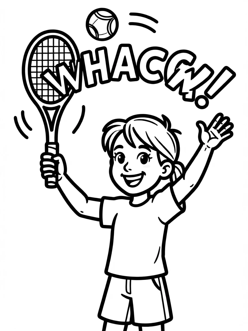 A happy tennis player serving the ball with a big "WHACK!" sound effect.
