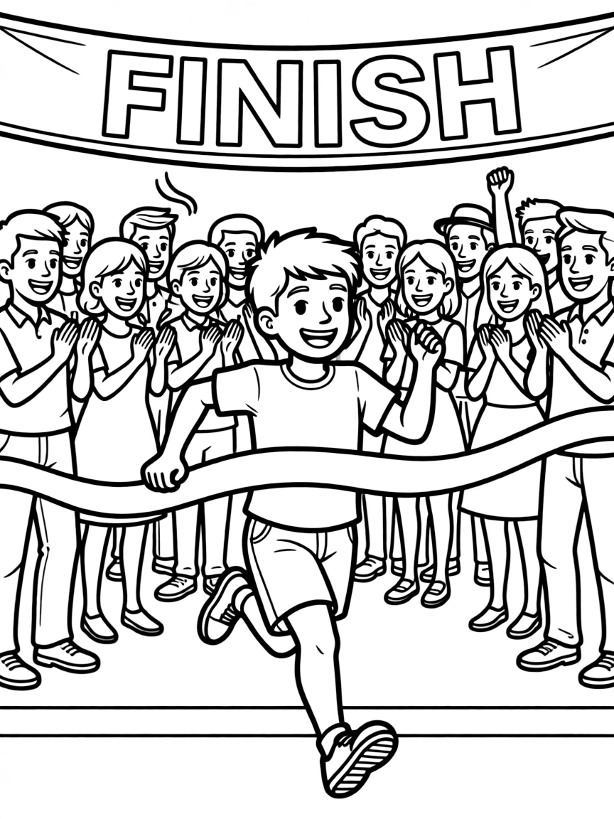 A joyful runner crossing the finish line with a ribbon and a happy crowd.