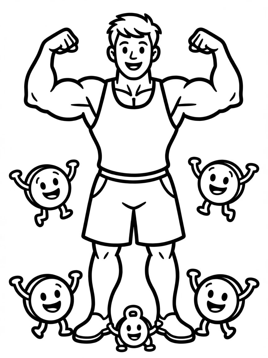 A strong weightlifter showing off their muscles, with tiny, happy weights.